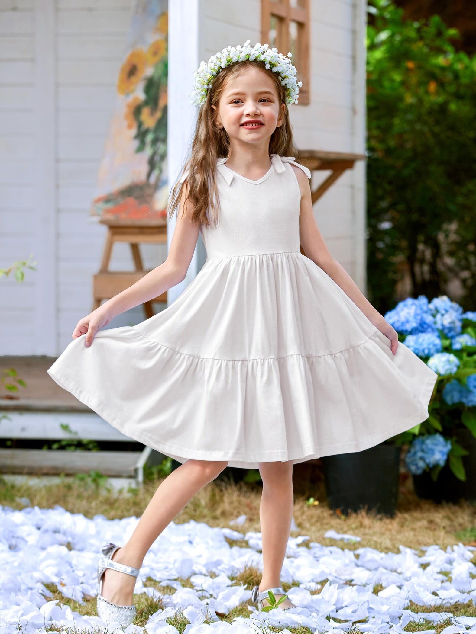 girls white a line sleeveless summer dress bowknot waist Temu - Main Image