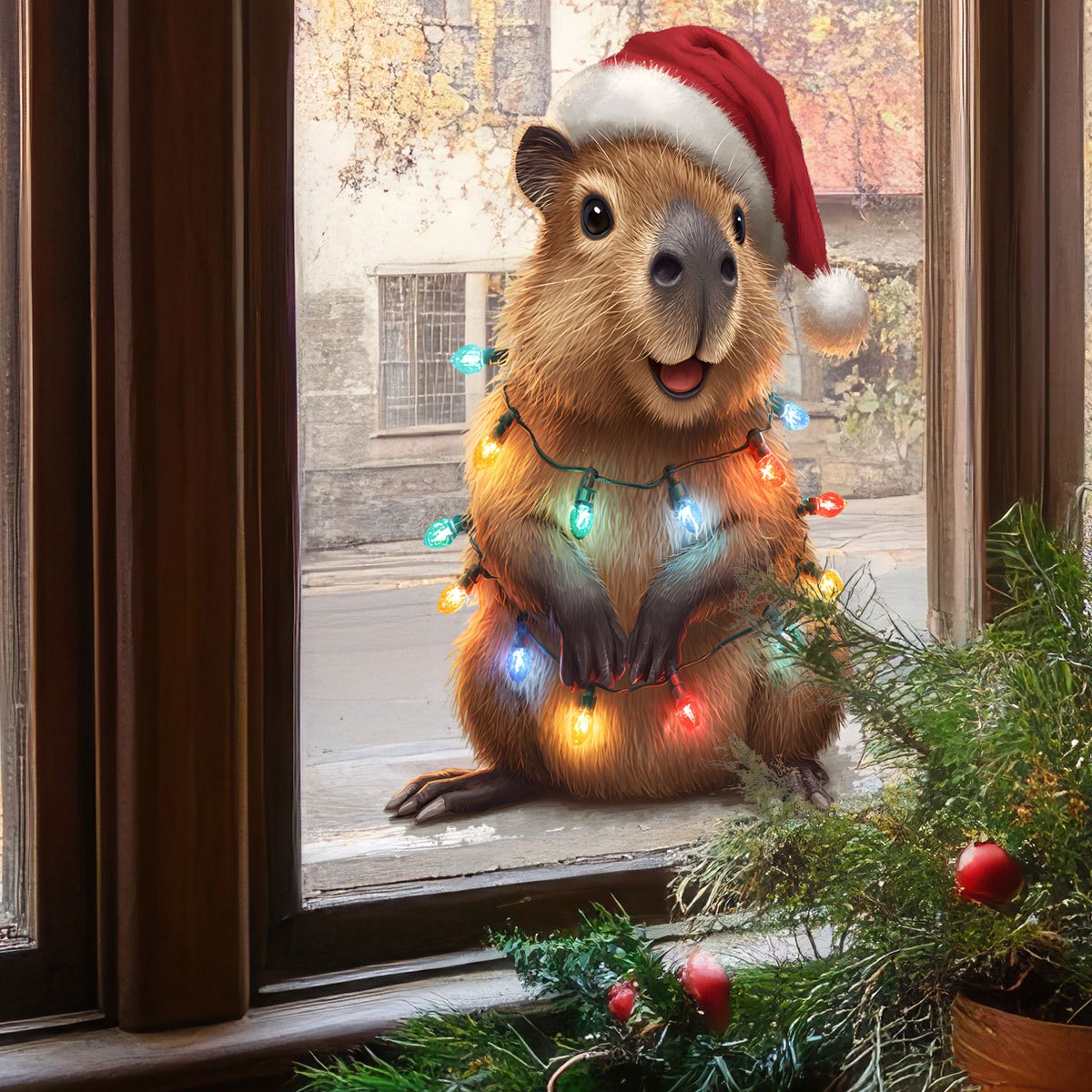 TEMU 2D Flachaufkleber Realistischer Weihnachtsmütze Leuchtband Capybara Retro Straßenszene Fensteraufkleber für Glas, Türen, Schränke und Wände -