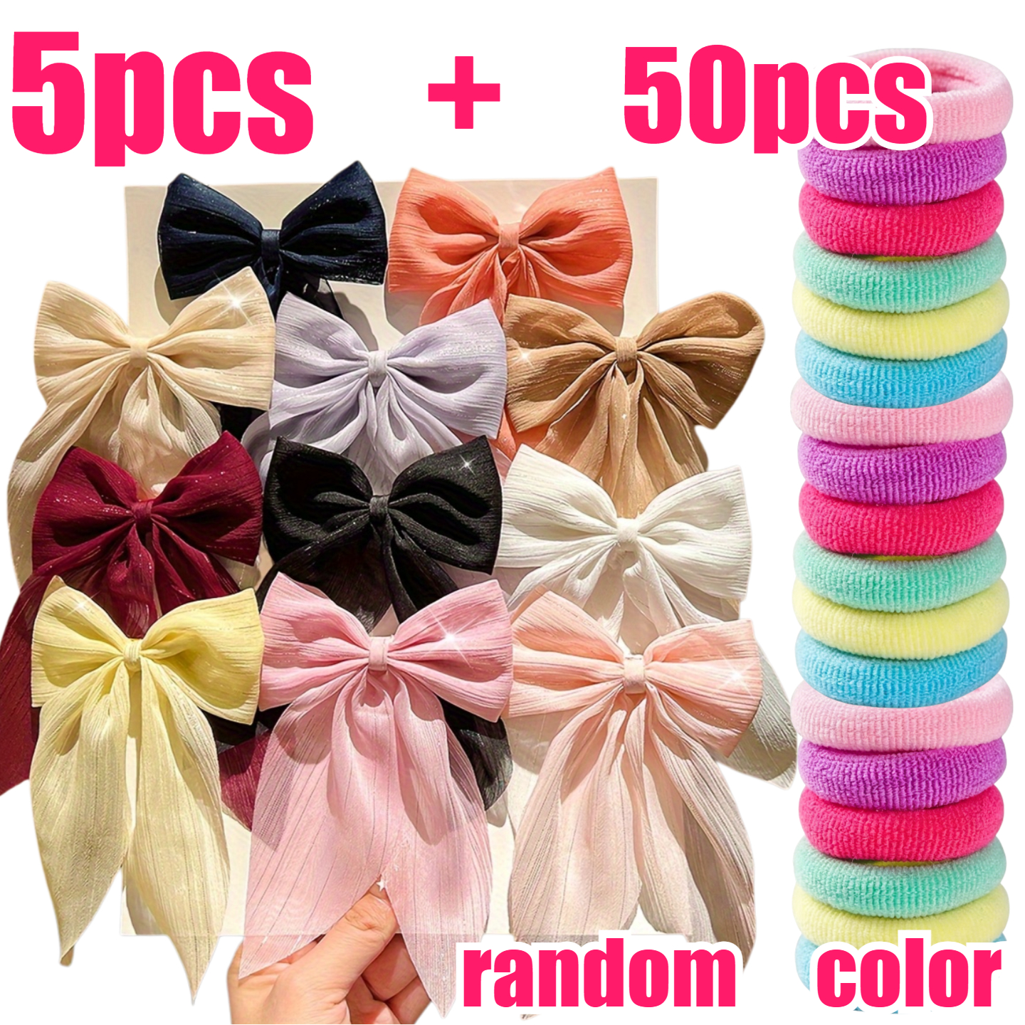TEMU 55pcs Couleurs Aléatoires Femmes Extensions de Cheveux Style Doux Nœud Coloré Arrière de Pinces à Cheveux, Total 5pcs Grandes Pinces à Cheveux