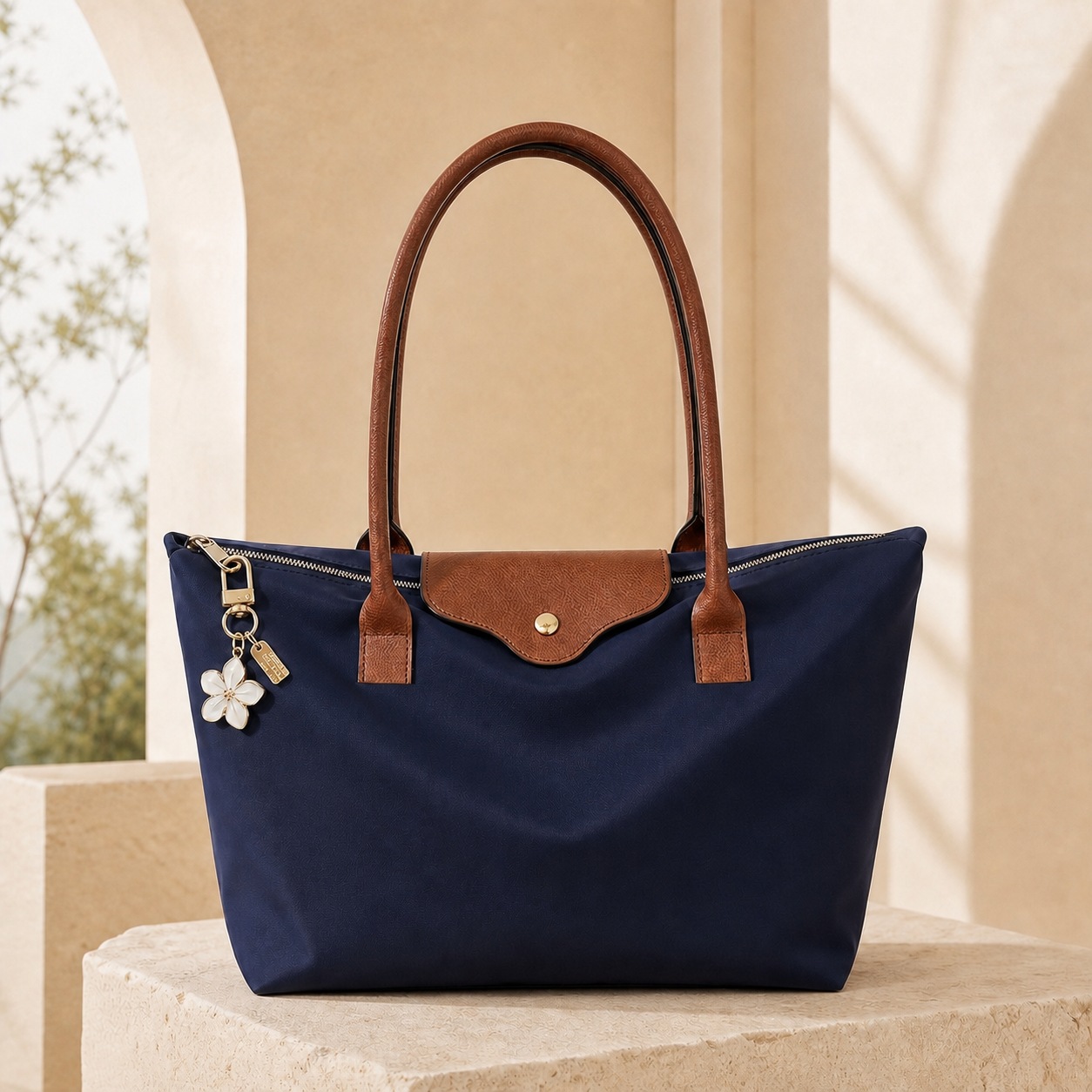 TEMU Shbw Women's Dark Tote Bag With Magnetic Flap & Zipper Closure, Removable White Flower Charm Suitable For Work, Travel, Shopping, Double Handle
