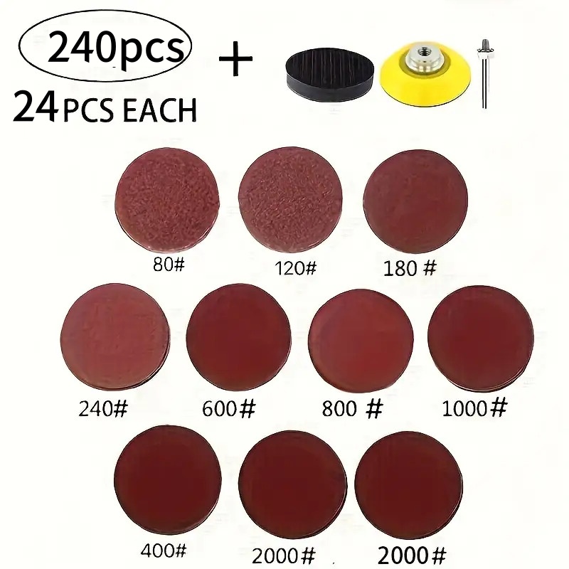 TEMU Jeu de 240 pièces de meules à poncer pour de 2 pouces avec support, queue de pouce, jeu de patins à à poncer, inclut du de 80 à 3000 grains
