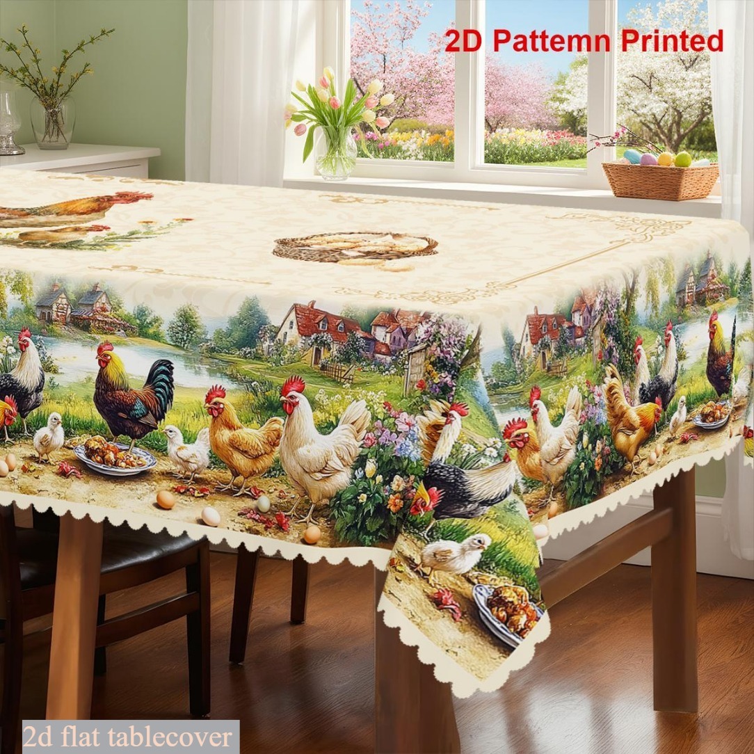 TEMU 2d Flat Party Tablecloth, 1 Piece, Rooster Themed Party Tablecloth, Material, Vintage Chick Floral Country Design, Rectangular/round Tablecloth,