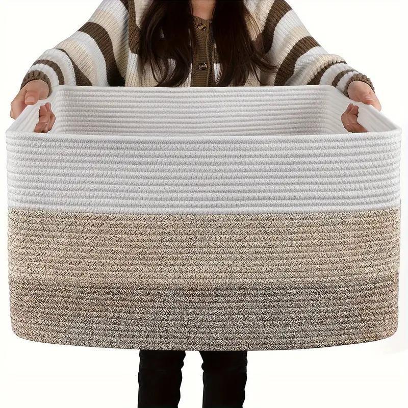 TEMU 1pc Large Rectangular Blanket Basket, Woven Gift Storage Basket, Living Room Organizer, With Handles, Shelf Baskets