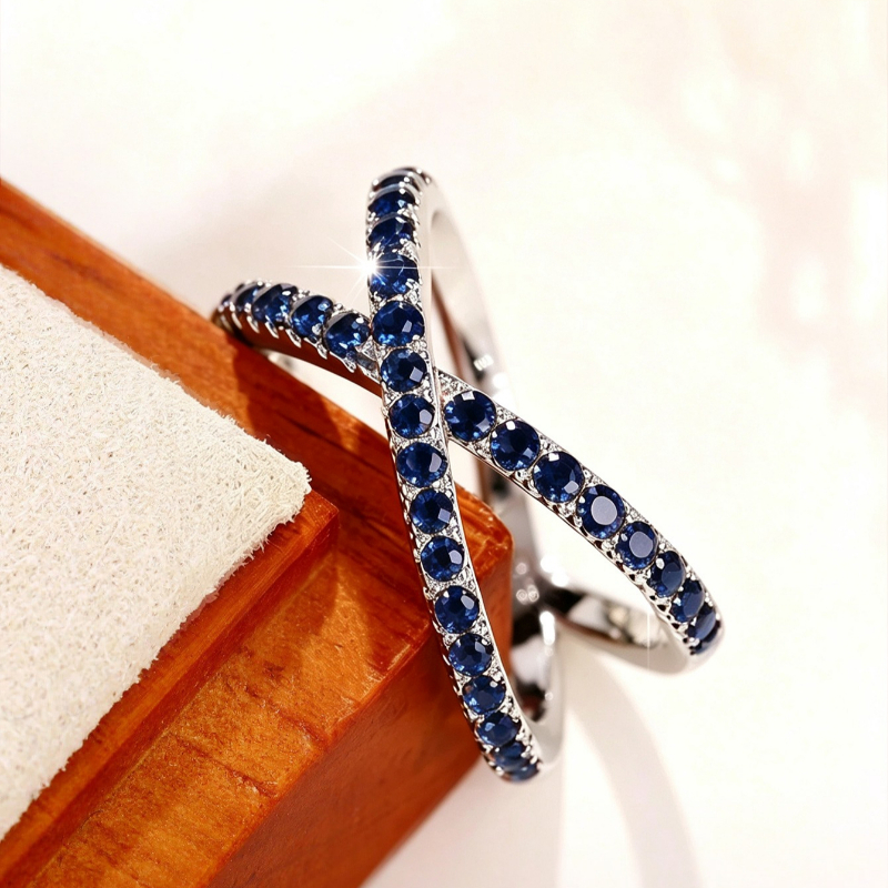 Luxury Full Paved Blue CZ X Ring for Women