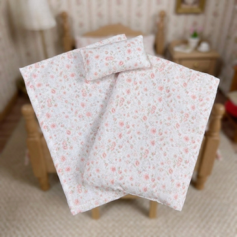 TEMU Juego de 1 set de ropa de cama floral en miniatura para casa de muñecas, artículos de colección decorativos, sábanas + mantas + almohadas
