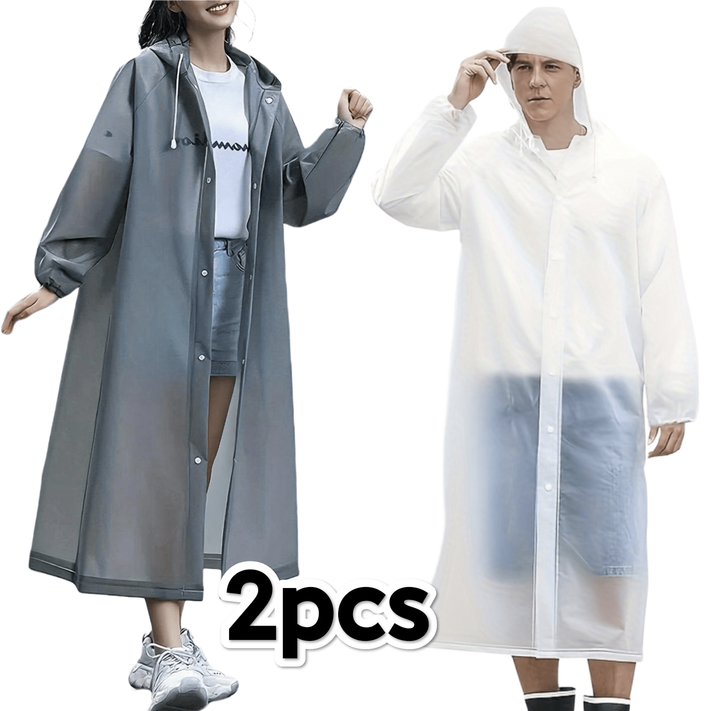 2pcs set 1pc white and 1pc gray unisex outdoor raincoat windproof high quality eva thick full body rain gear adjustable drawstring hood and cinchable long sleeve design lightweight design suitable for hiking riding travel