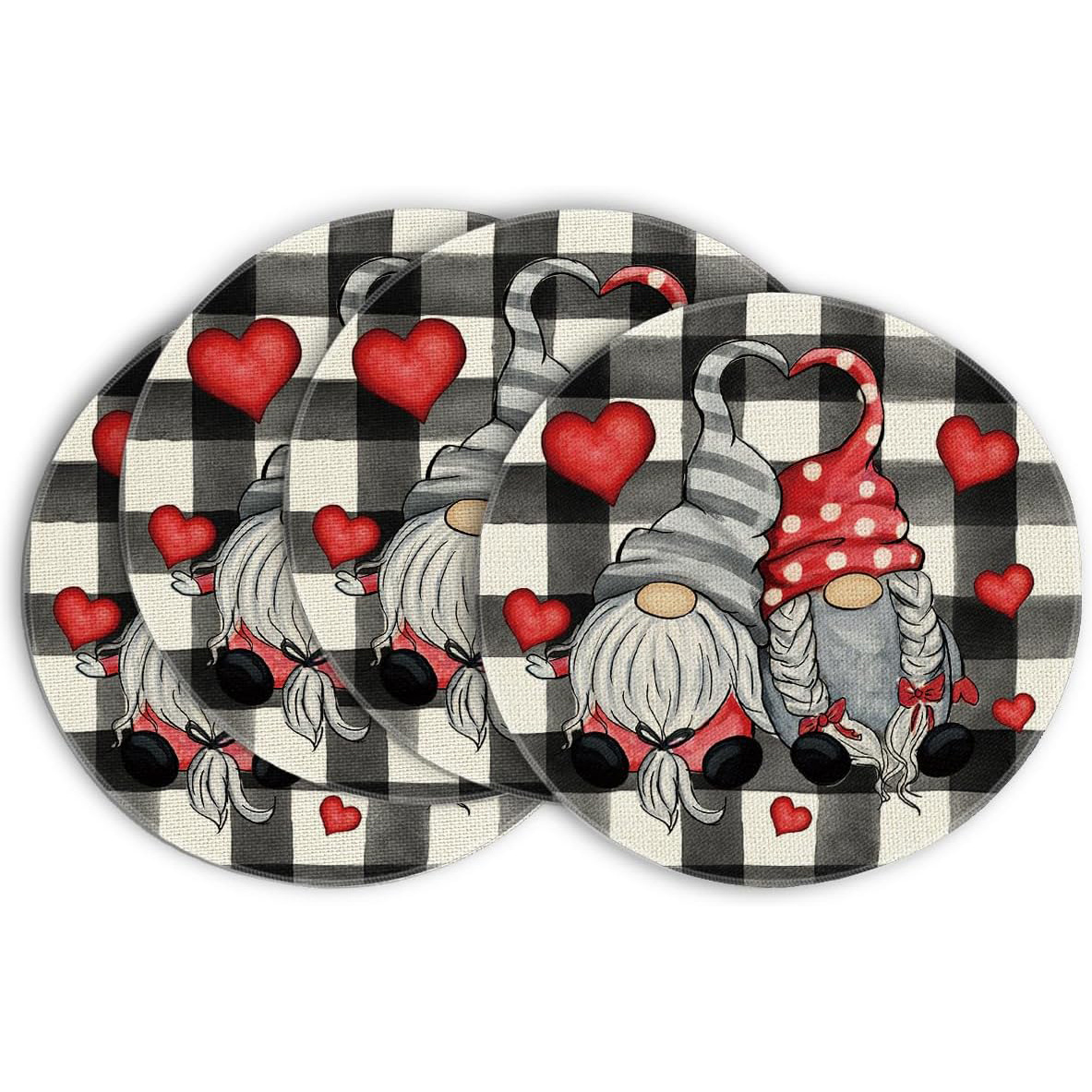 

Ensemble de 4 Sets de Napperons Ronds pour la Saint-Valentin avec Gnomes et Cœurs à Carreaux Buffalo, 15 Pouces, Tapis de Table Ronds pour Anniversaire et Mariage pour Décoration de Table