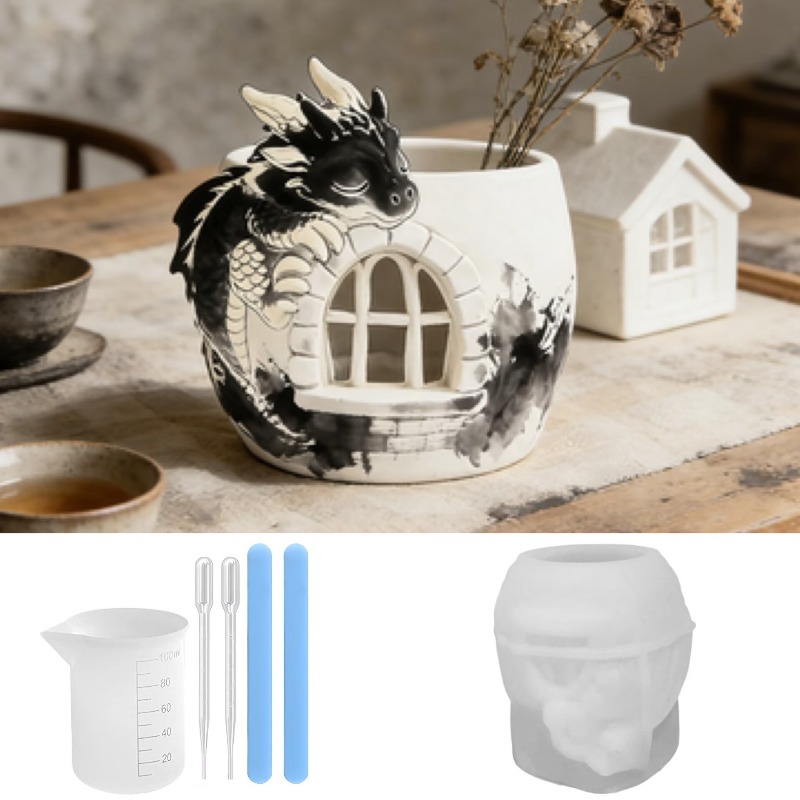 E-shop Set mit 6 Fantasy Drachenburg Pflanzgefäßformen aus Kunstharz für Vintage Heimdekoration