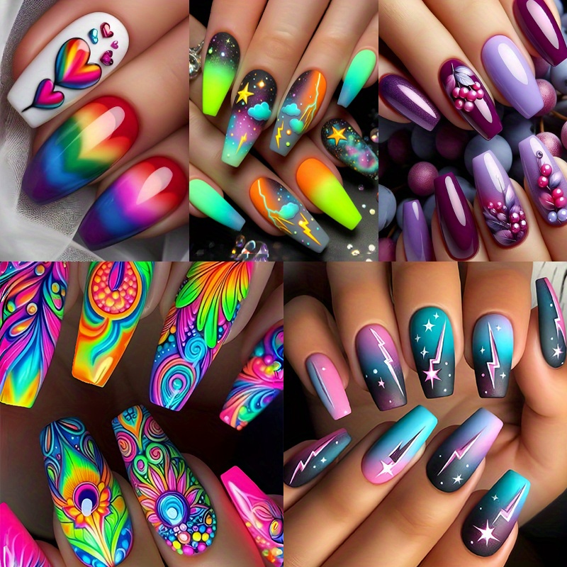 TEMU 120pcs 5pcs Medium-long European Nail Stickers, Including High-end Artificial Nail Stickers, Removable Pattern Medium-long Nail Stickers, Holders, Simple And Fashionable Nail Stickers