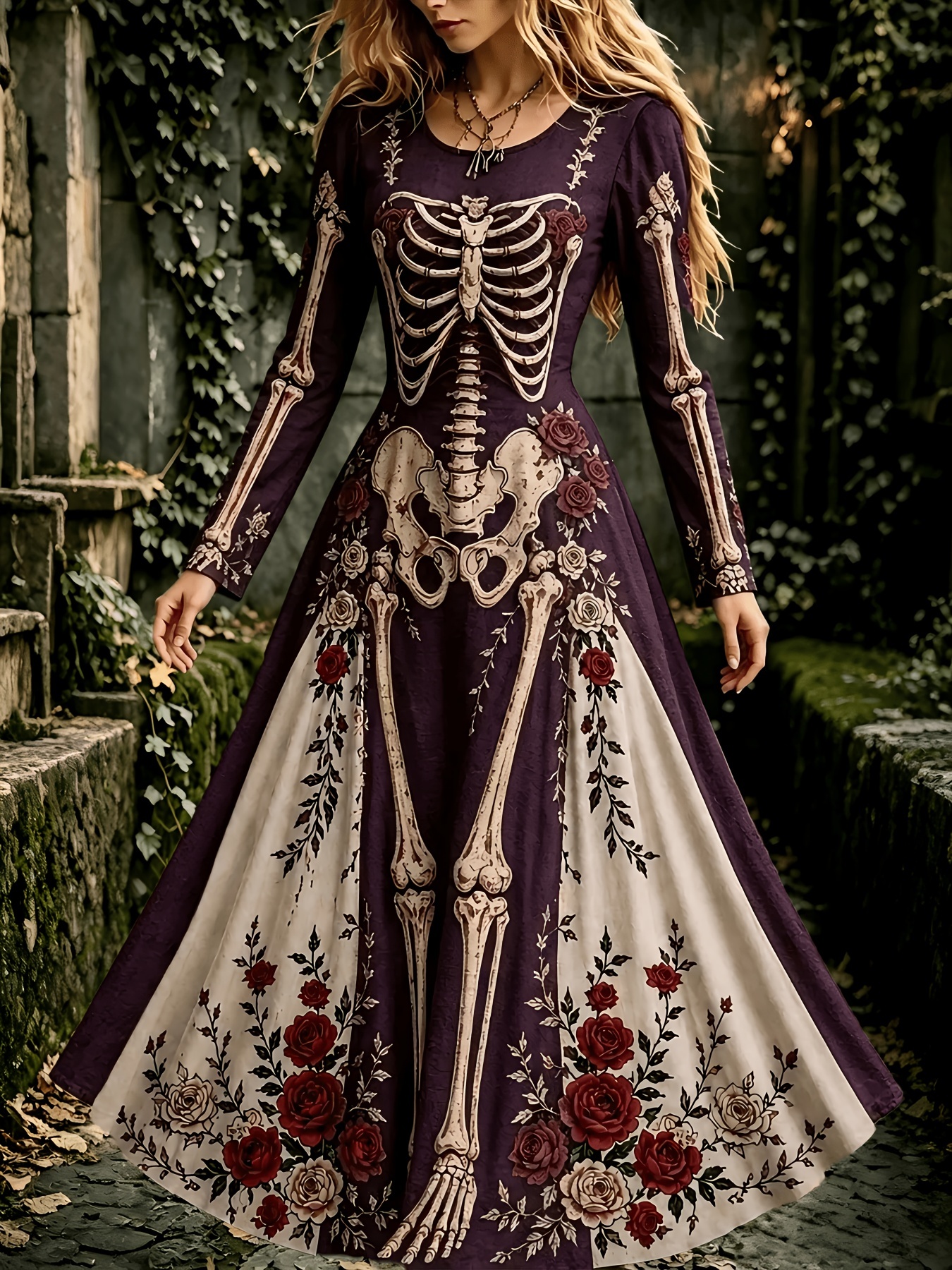 item picture selling 1000 orders a day halloween skull rose print long sleeve womens dress vintage round neck maxi dress   cosplay gown comfortable
