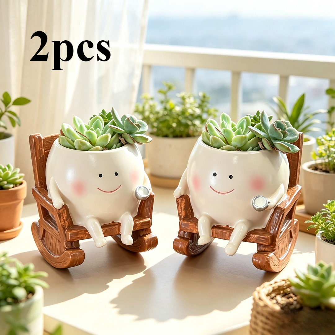TEMU 2 macetas con forma de mecedora con cara alegre y bonita, maceteros de resina para suculentas, aptas para decoración de interiores, plantas