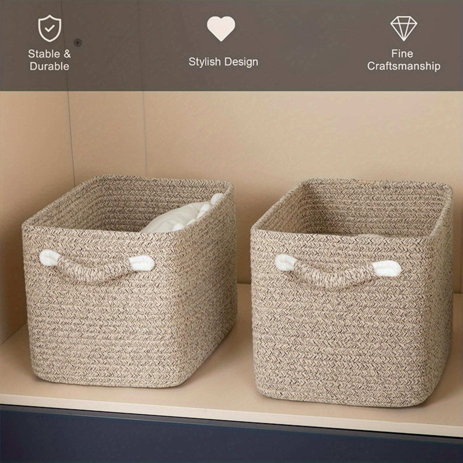 2pcs Cotton Rope Baskets (37.34cmL X 24.89cmW X 22.35cmH), Woven Storage Baskets, Rectangular Storage Basket with Handles, High Rim, Shelves Storage Baskets, Home Decor|Clothes Storage|Room Storage, 2-Pack, Shelf Baskets