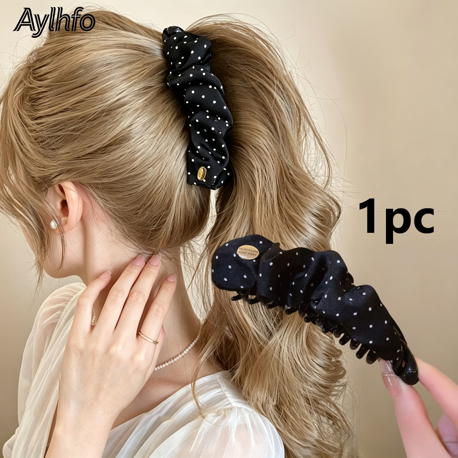 TEMU Aylhfo 1pc Polka Dot Pleated Banana Hair Clip, Anti-slip Toothed Vertical Ponytail Clip, Elegant Retro Women's Hair Accessory, Daily Commute