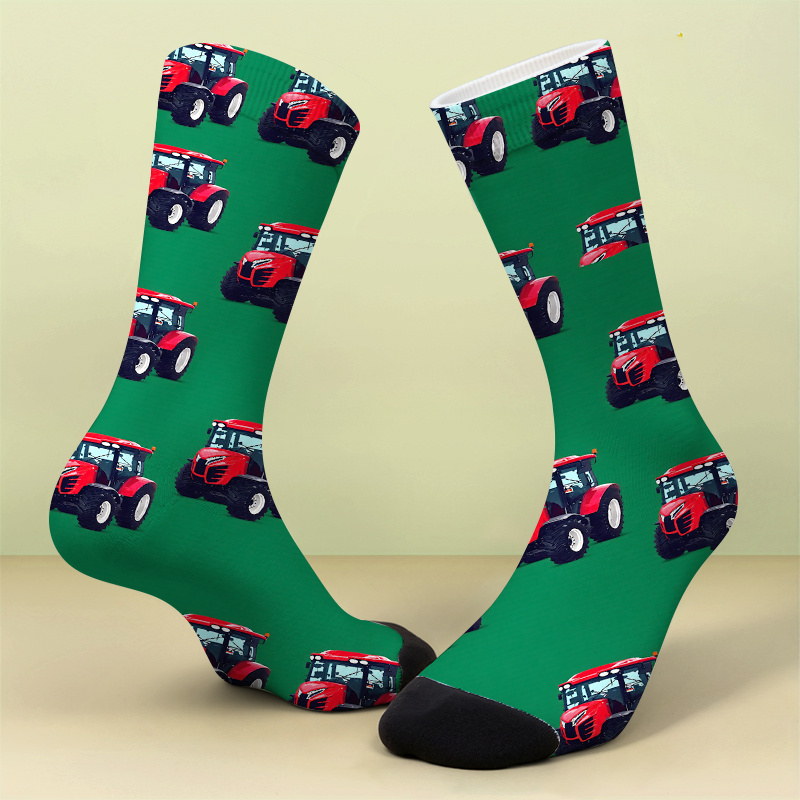 TEMU A Pair Of Printed Socks With Printed Patternsred Tractor Pattern On Green Backgrounda Soft Comfortable Breathable Cute And Crazy Gift