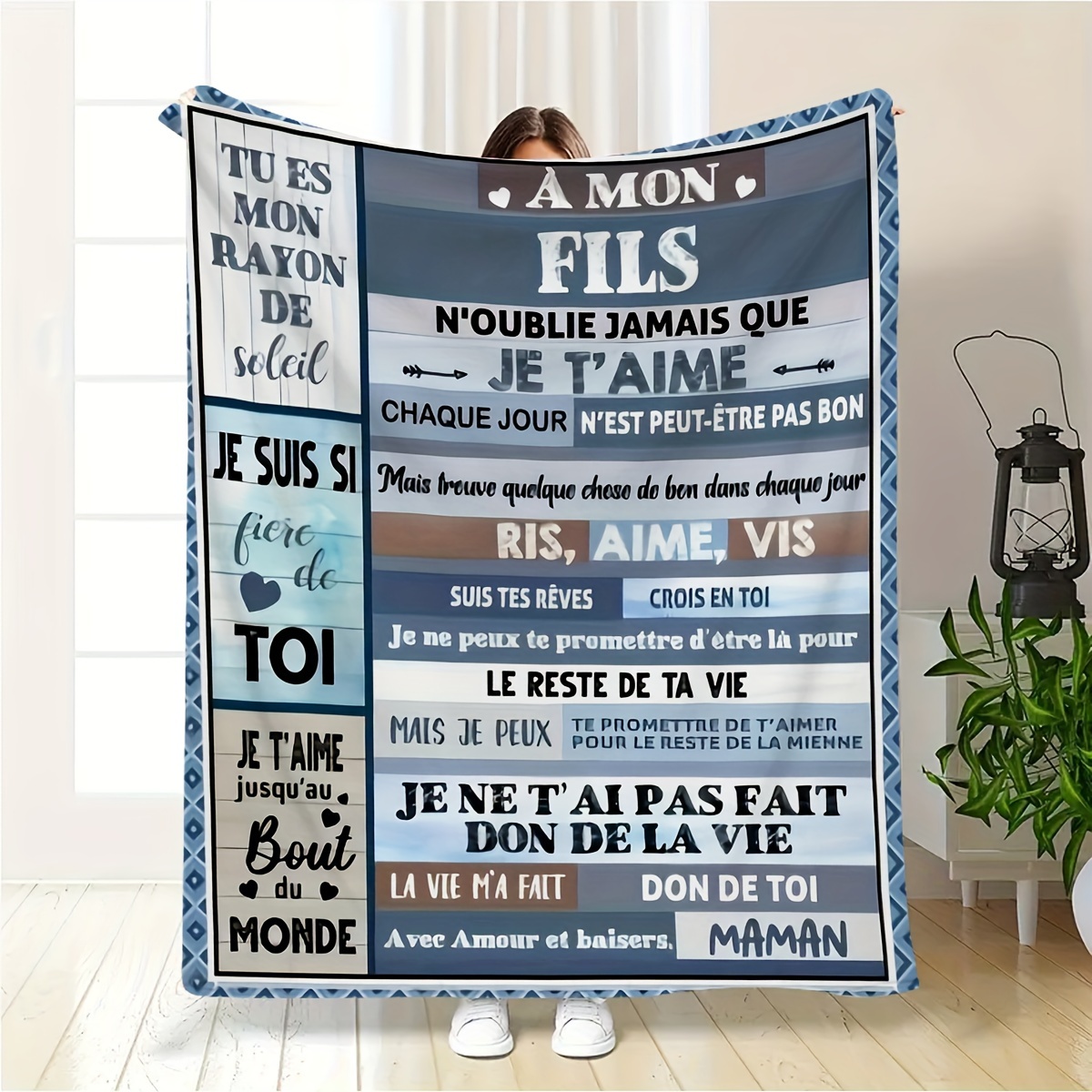 TEMU 1pc Couverture 2D Imprimée à Plat - Couverture Personnalisée avec Lettre Française pour Fils : Style Moderne, Confort , Adaptée à Toutes ,