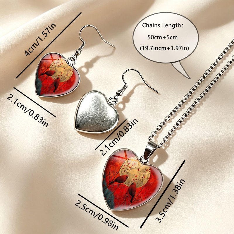 3pcs Red Birds Heart Necklace Earrings Set, Handmade