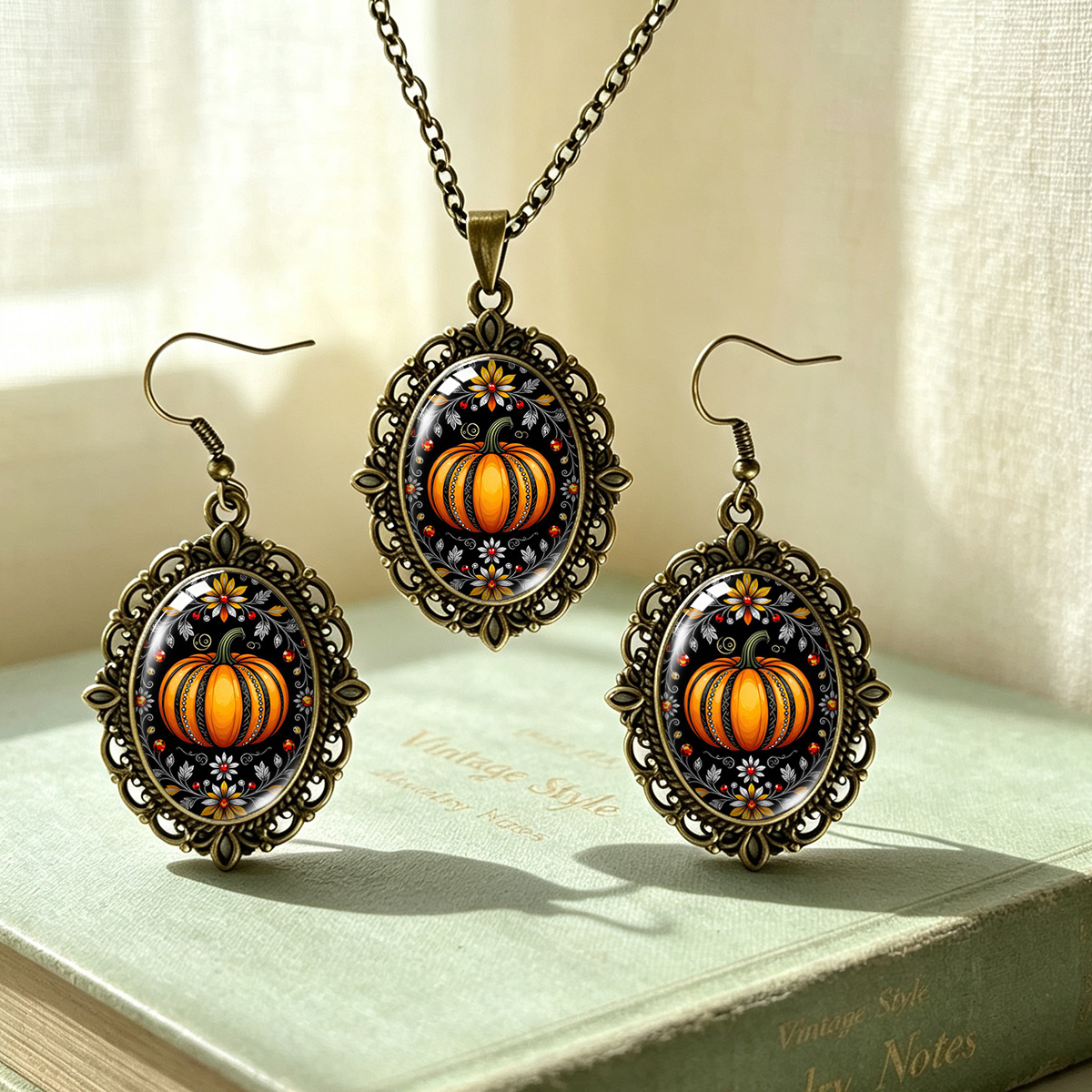 TEMU Parure de bijoux 3 pièces vintage à motif floral et citrouille : collier et boucles d'oreilles