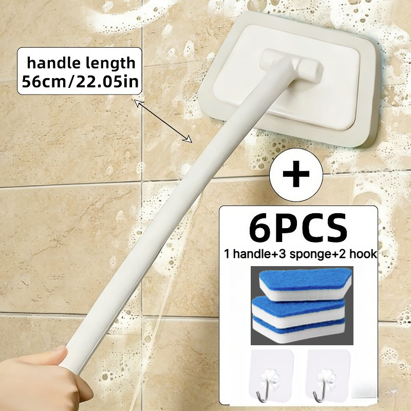 TEMU 6pcs Multifunctional Bathroom Cleaning Brush Set, Including 1pc Long Handle Brush And 3pcs Detachable Brush Heads And 2pcs Universal Hooks, Long