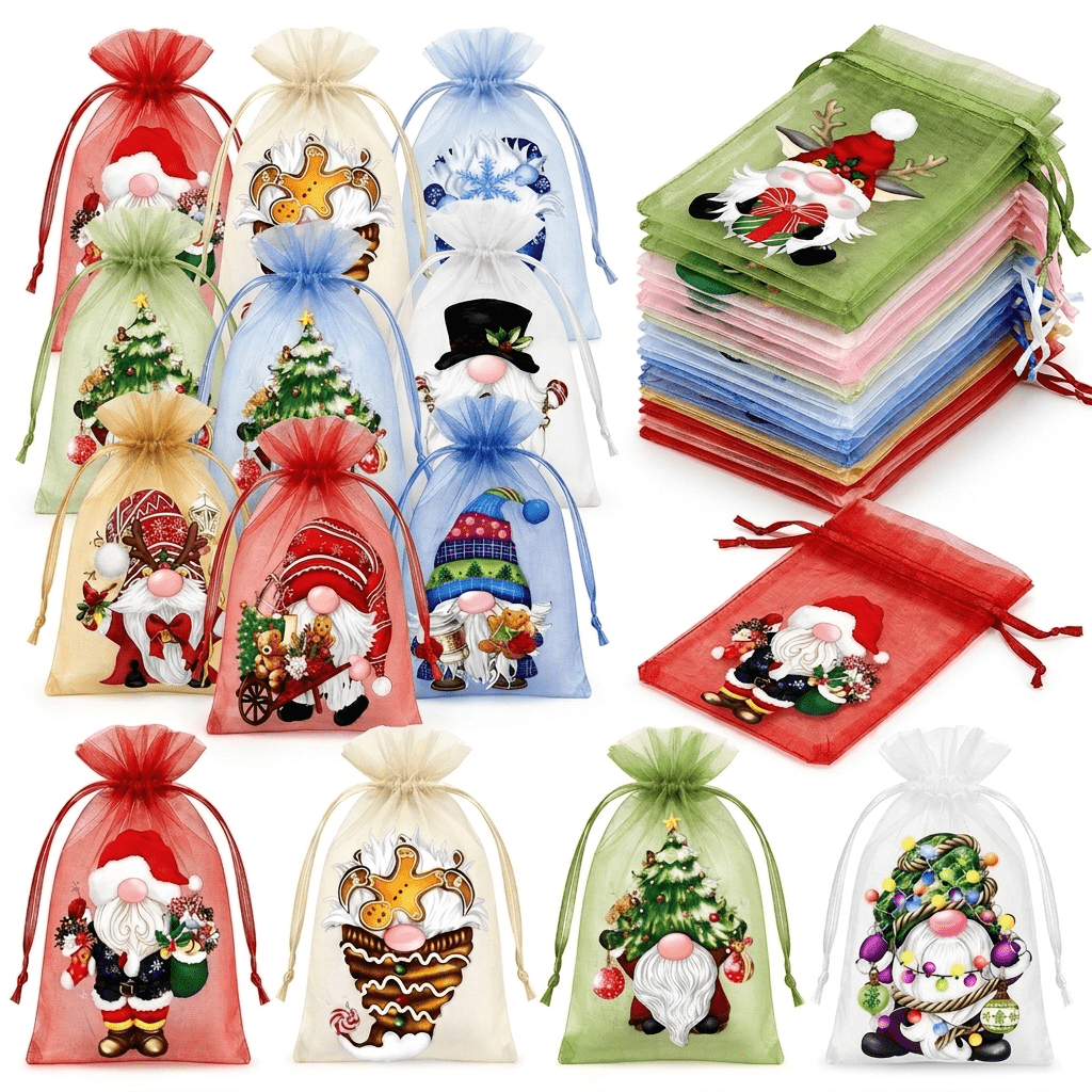 item picture 24pcs random   christmas gnome organza gift bags drawstring treat pouches sheer mesh holiday favor wrapping bags with cute swedish   prints durable candy goodie storage bags for xmas party celebrations wedding favors family gathering