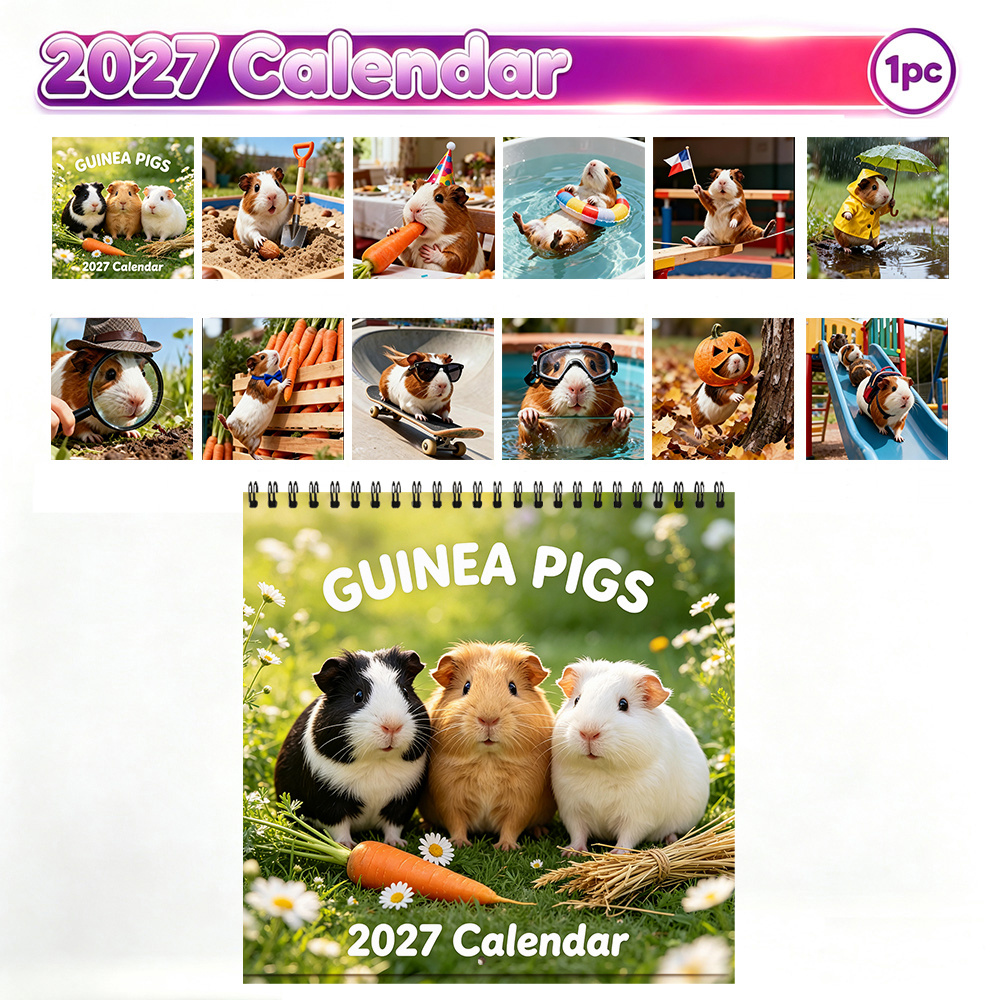 TEMU 1pc 2027 Cute Guinea Wall Calendar - Monthly Hanging Planner With 12 Scenes Suitable For Home, Office, Decor - Gift For Pet Lovers, -themed