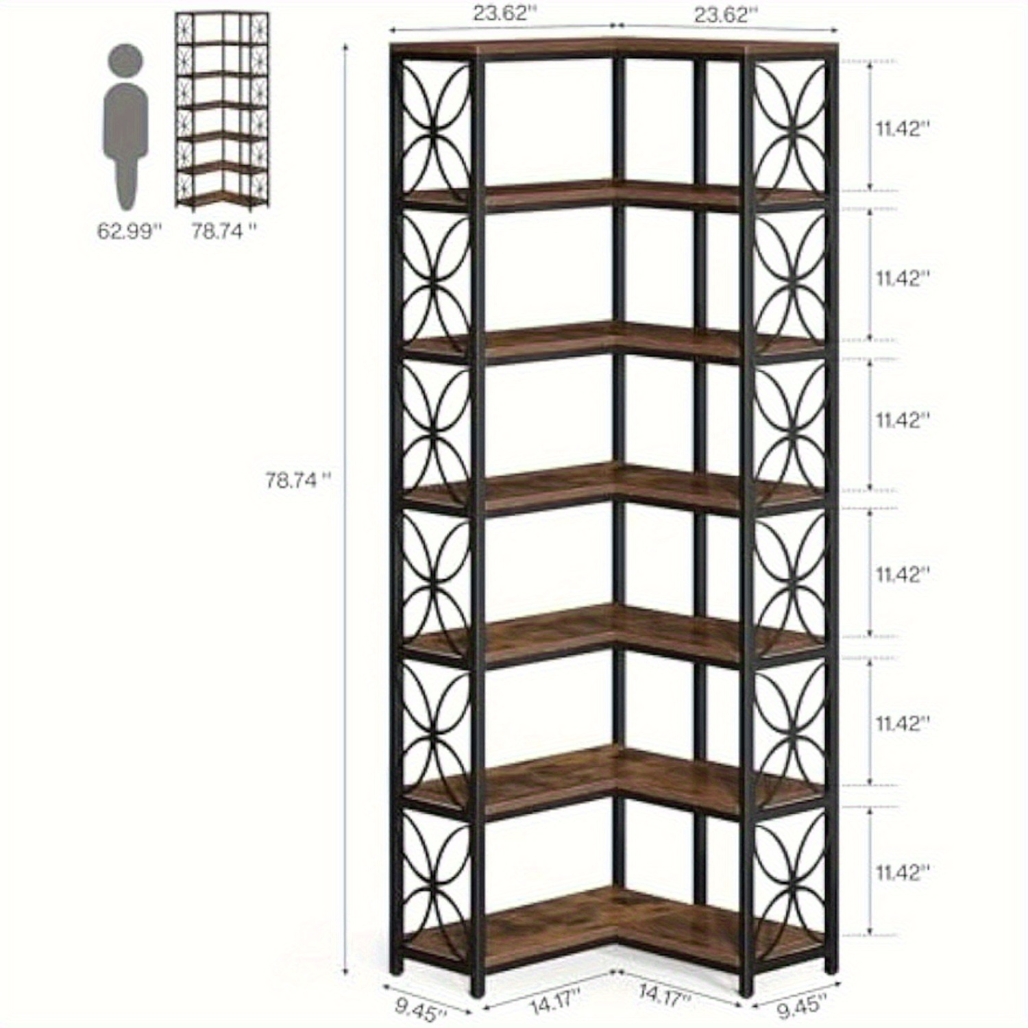 79-inch Tall Bookshelf, 7-tier L-shaped Bookcase With Metal Frame, Freestanding Corner Shelf For Living Room, Kitchen, Office, Rustic