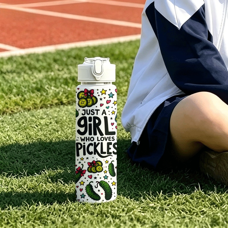 TEMU 25oz 750ml 2d Printed Plastic Water Bottle Travel Drinking Cup, Straw Lid & Carry Strap, This Cute Doodle Illustration Features Whole Pickles,