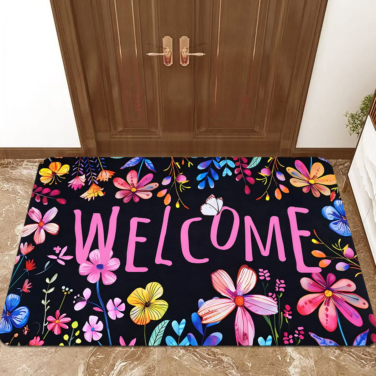 

Welcome Home Floral Entrance Mat - Colorful, Anti-slip & Stain Resistant Polyester Rug For Kitchen, Laundry, Bathroom - Christmas, Easter, Valentine's, Thanksgiving Decor