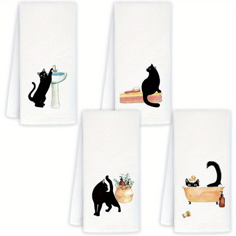 

4pcs Black Towels Set, 18x26 Inch, Polyester Kitchen Towels, Super Cat-themed Dish Cloths, Machine Washable, For Cat Lovers Home Decor