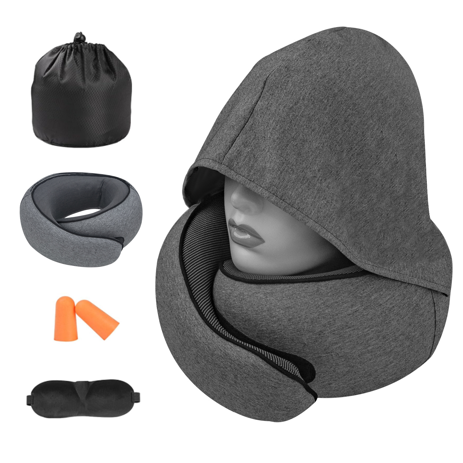   U-Shaped Travel Neck Pillow with Hood - Ergonomic Neck Support for Airplane, Car & Napping, Soft Gray Fabric, Adjustable Straps,   for  able Travel & Home Use, Neck Pillow for Travel, Airplane  , Sleek Travel Accessory,  