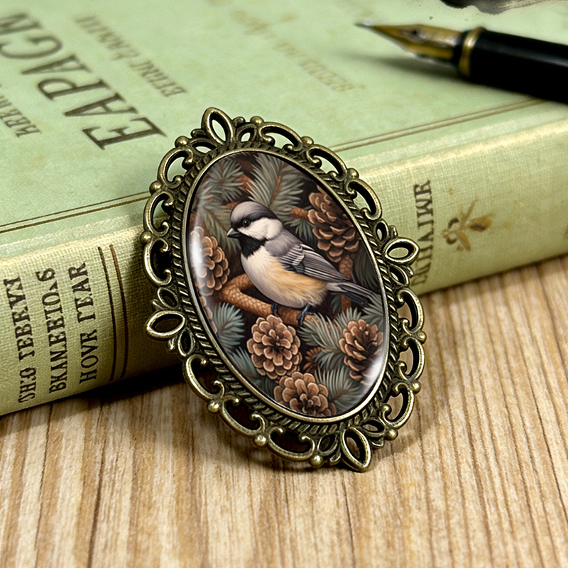 TEMU 1 pièce Broche sur Branche de Pin, Broches Ovales en Verre à Bordure en Dentelle, Accessoire pour Vêtements et Sac à Dos, Cadeau Idéal