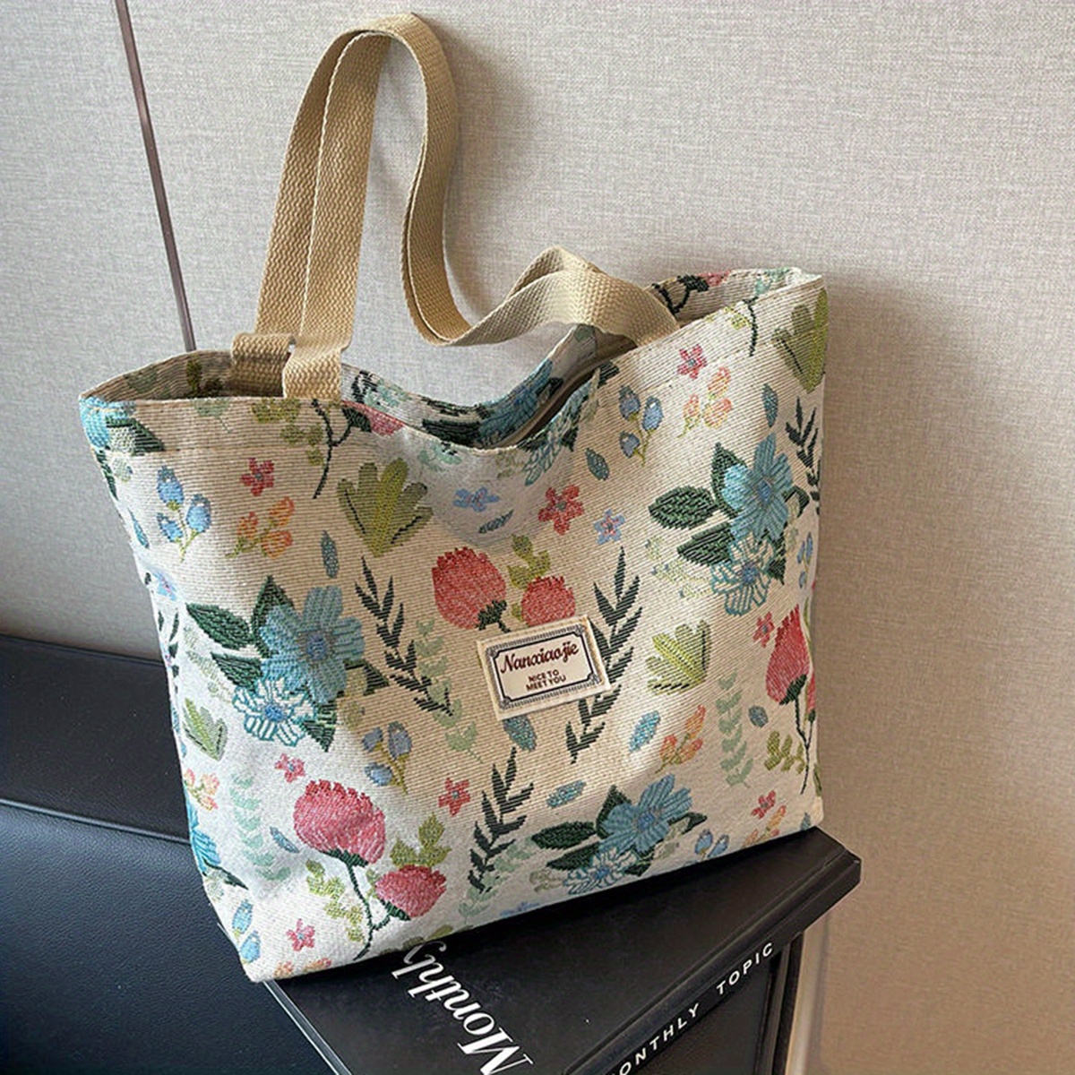 womens large capacity vintage floral tote bag beige   open top handbag with   pattern   green teal red for travel beach shopping everyday use elegant womens shoulder bag ladies bag casual carryall retro style durable construction casual wear hand washable travel accessory