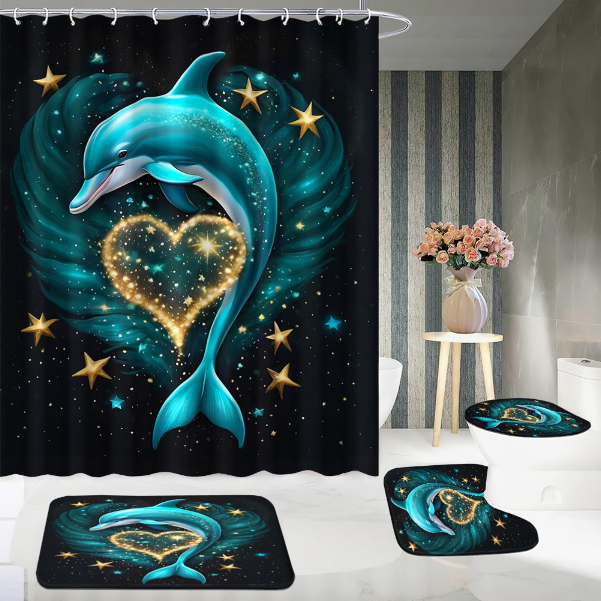 4pcs Dolphin Heart Pattern Shower Curtain Set with Hooks