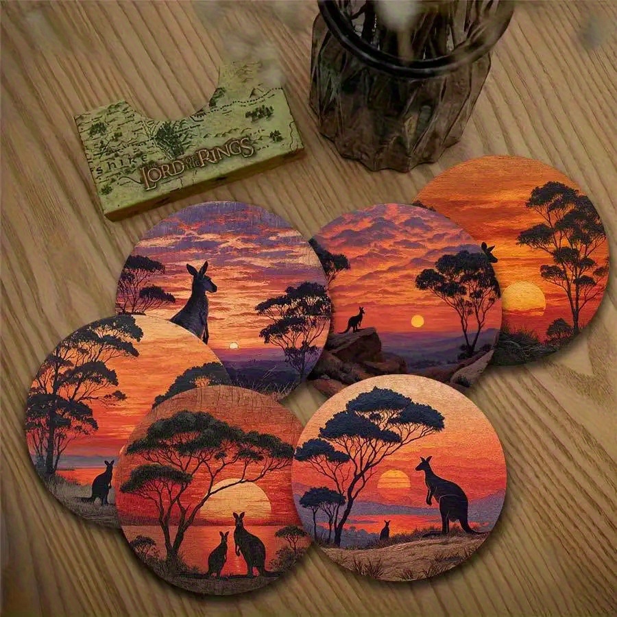 TEMU 6pcs Sunset Kangaroo Themed Wooden Coasters, Non-slip Heat-resistant Drink Mats With Kangaroo Pattern, Tabletop Protective Cup Holders, Home