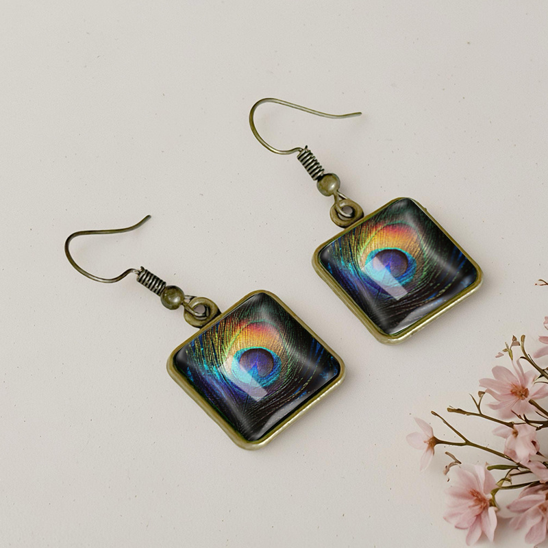 Vintage Square Earrings with Peacock Feather Design