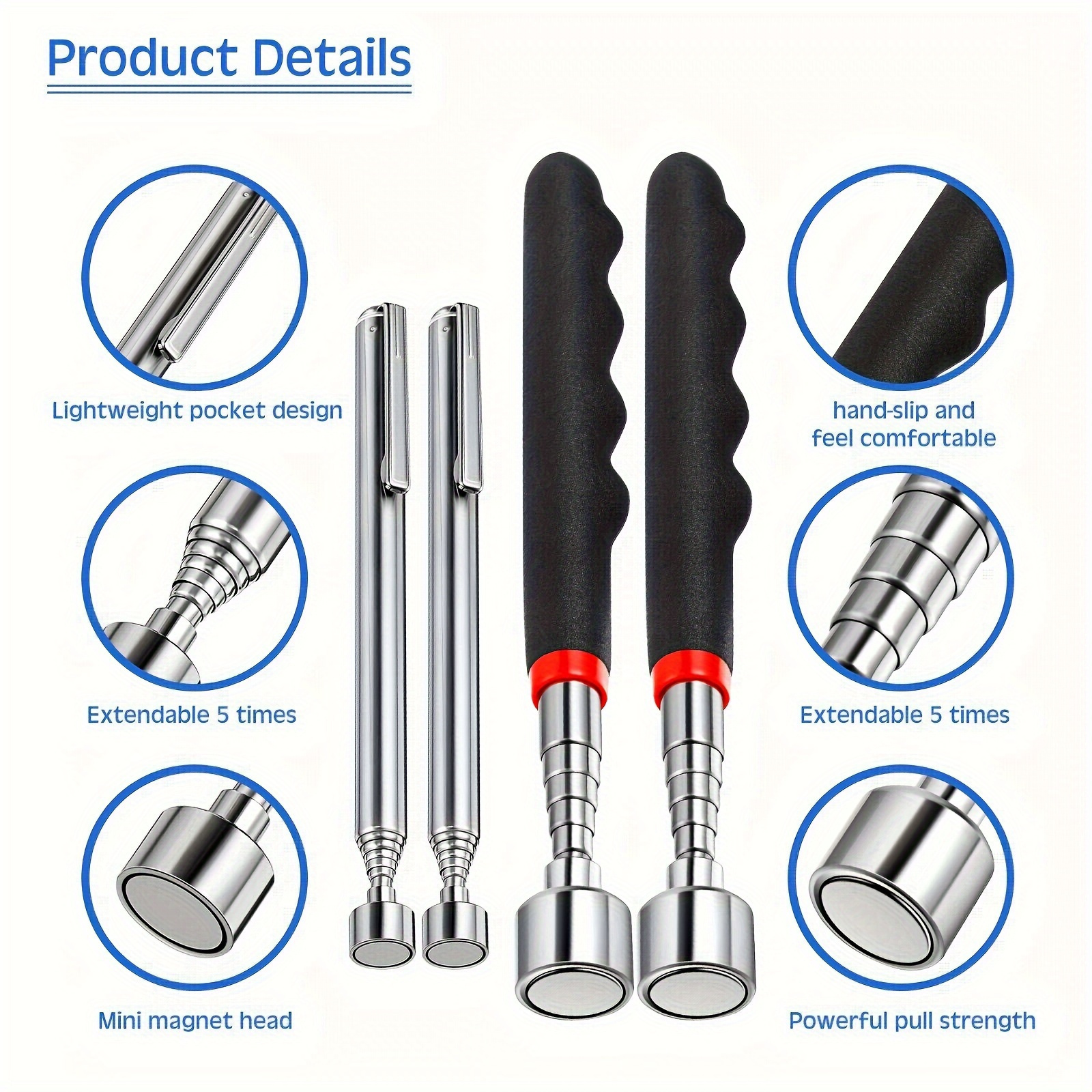 3-in-1 Stainless Steel Telescopic Magnetic Grabber Tool - Non-Electric, Iron Material, Ideal for Automotive & Construction, Hard-to-Reach Areas, No Battery Required, Construction Tool | Telescopic Design | Durable Construction, Magnetic Tool