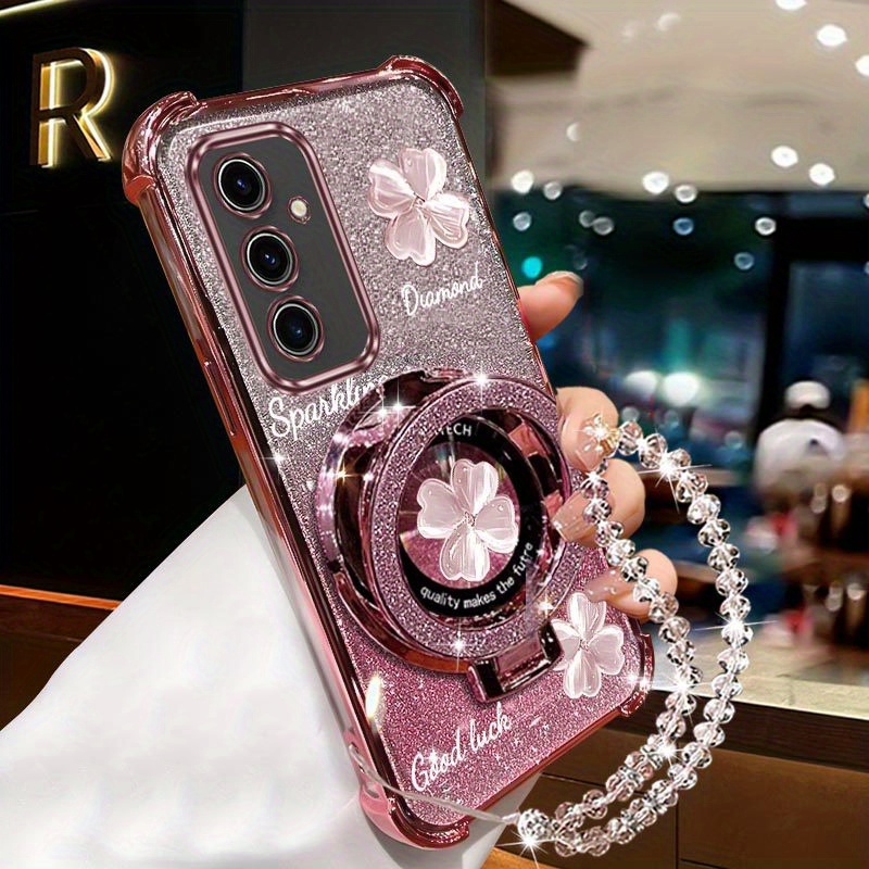 TEMU Étui téléphone : Luxe Clover Airbag Bracelet Magnétique Pailleté Support Téléphone pour Galaxy S23 Fe GalaxyS23Fe - Antichute Support Coque