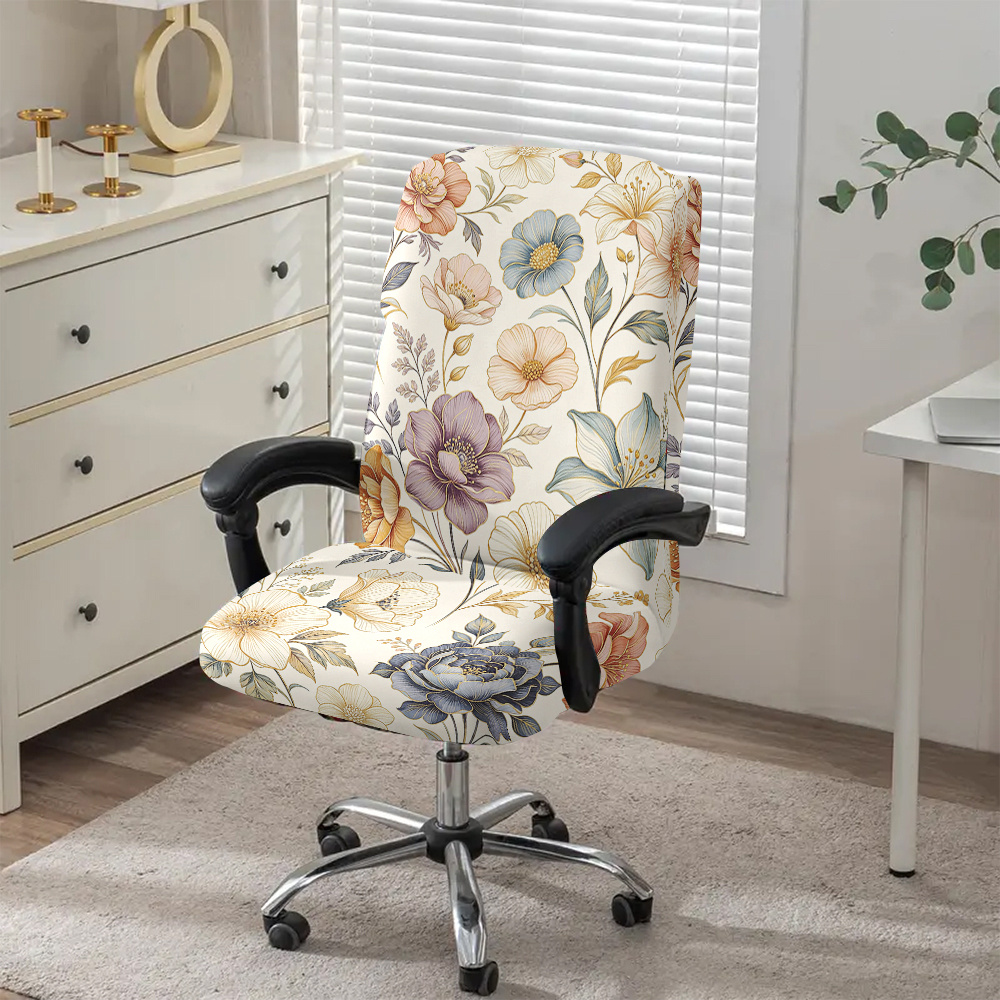 TEMU 1 Housse de chaise de bureau et légère avec motif de fleurs aquarelles et couleurs de base crème, tissu en fibre de lait avec élastique amovible