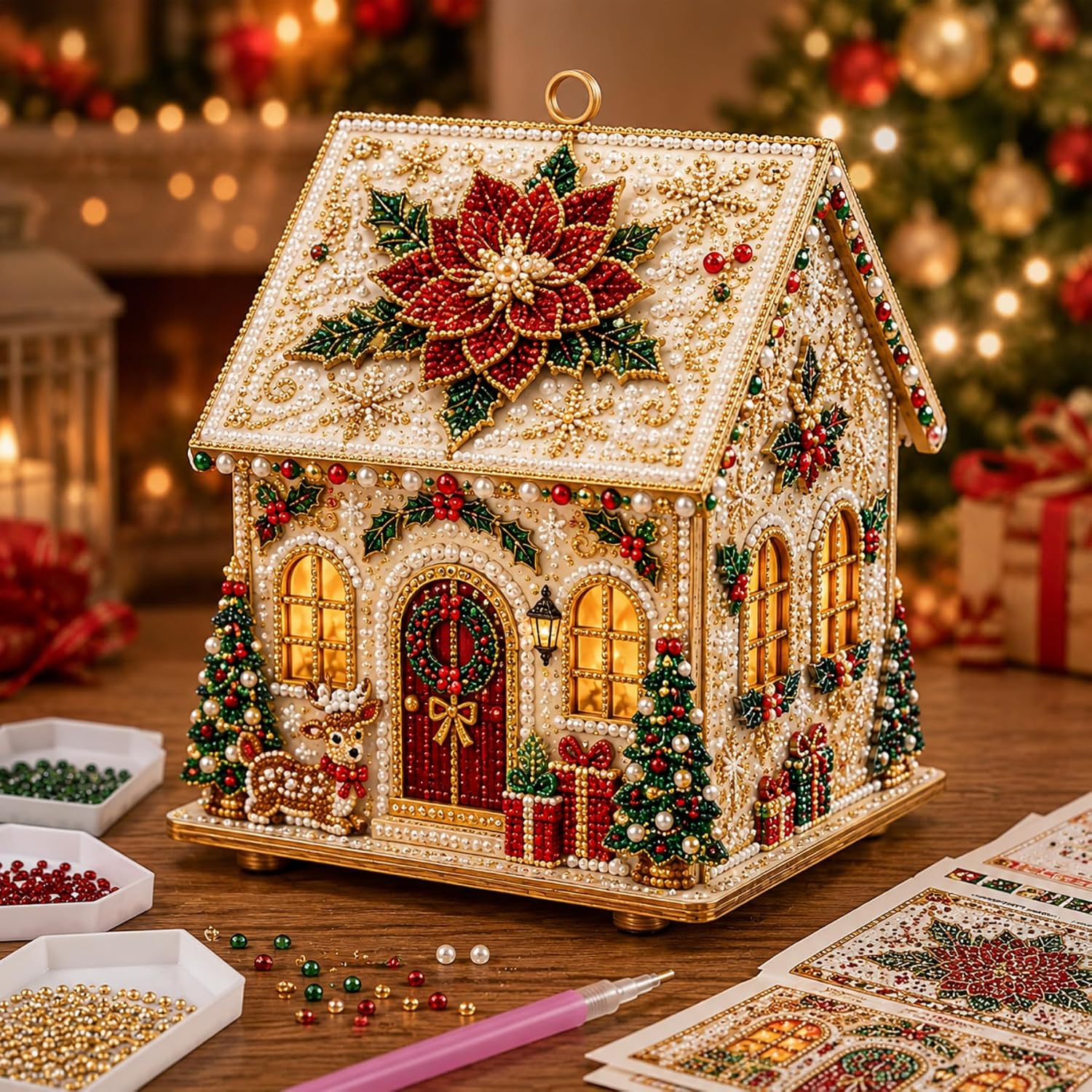 TEMU Halloween Handmade 3d Christmas House Decoration Set, Suitable For Adults - Wooden House With Irregular/round Diamond And Pearl Beadwork,