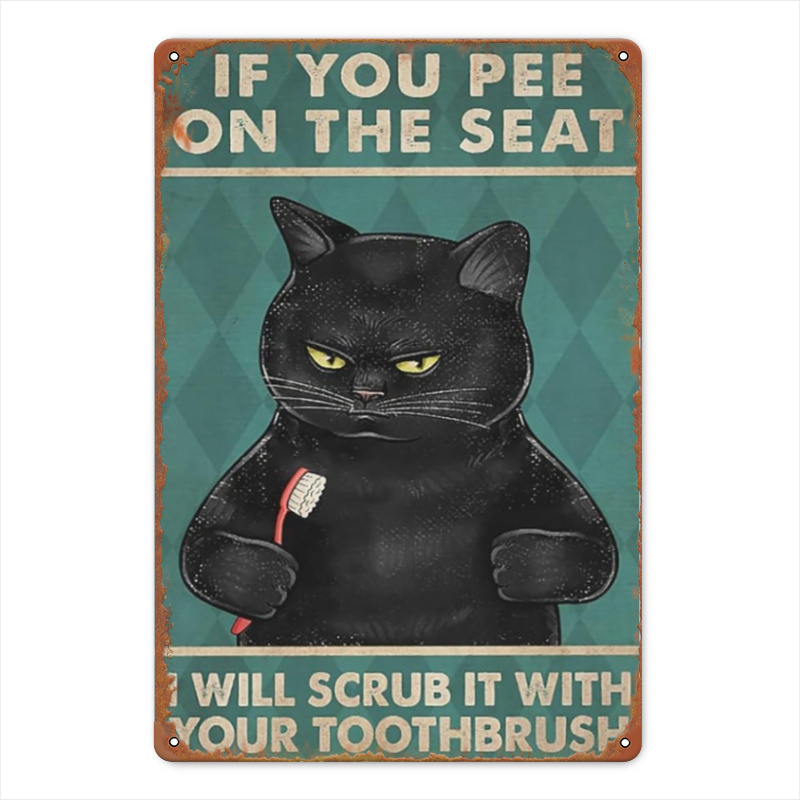 TEMU 2d Flat, 1pc, Funny Black Cat Wooden Sign With Message " Pee On Your Seat" - Vintage Wooden Wall Decor With Humorous Warning. Rustic Vintage