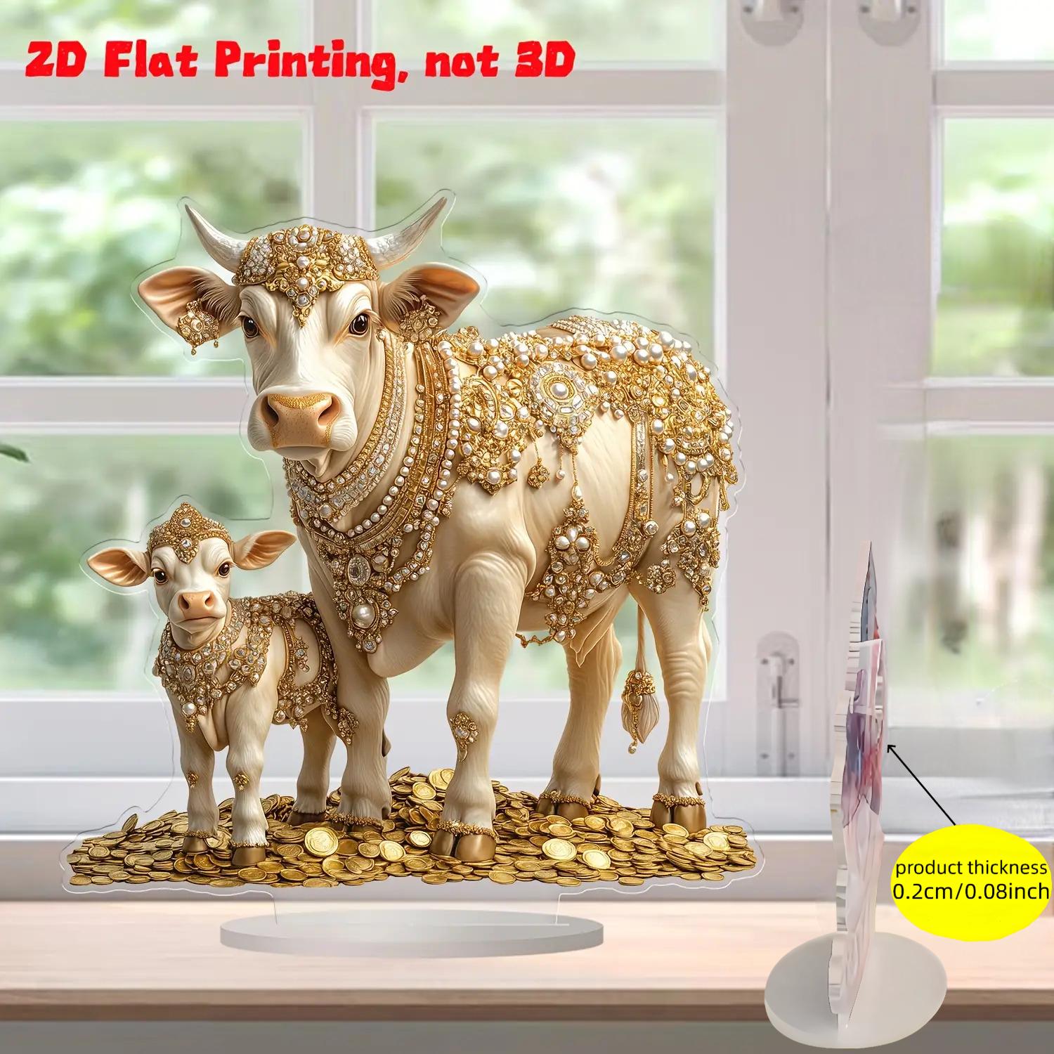TEMU 2d Flat, 1pc Bohemian Style Acrylic Cow Family Desktop Decoration - 2d Flat Printed Wealth And Ornament, Home Office Party Decor, Ideal Gift For