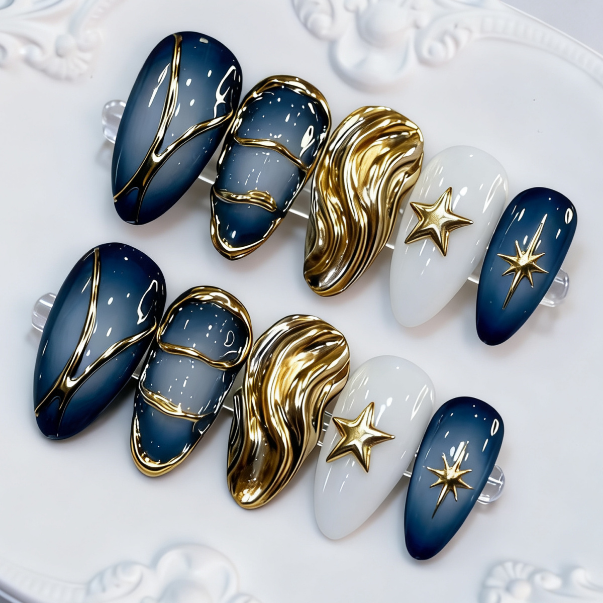 TEMU 10pcs Blue Gradient Fine Shimmer Medium Long Almond Wearable Nails 3d Stereoscopic Gilded Golden Vortex Metallic Four-pointed Star Minimalist