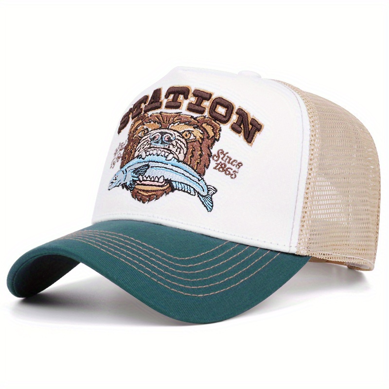 Image of Retro Bear Head Print Baseball Cap Unisex Breathable Mesh Contrast Color Trucker Hat
