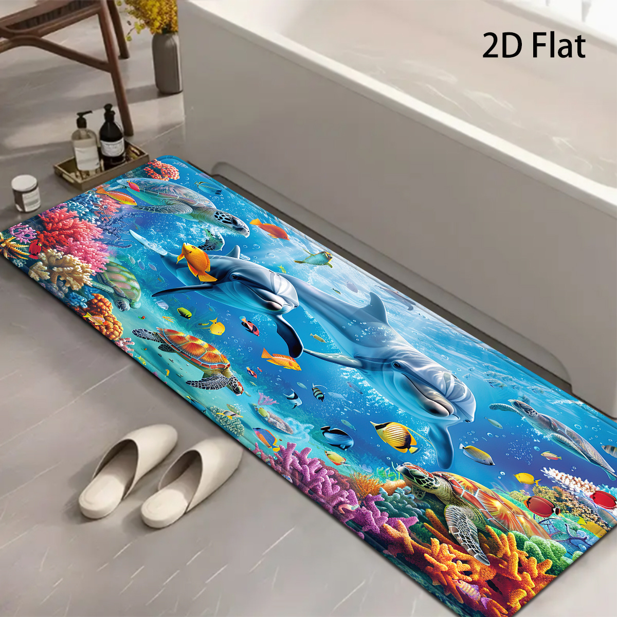 TEMU Tapis de bain 2D plat avec impression sur le thème de l'océan, comprenant des , des tortues, des coraux et des poissons tropicaux. Ce tapis de
