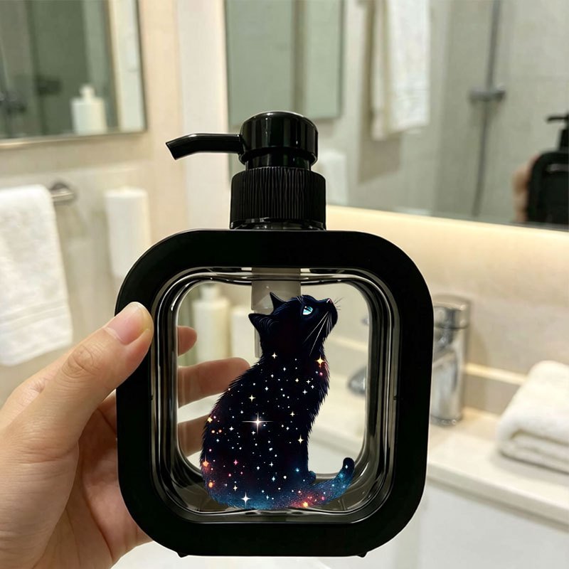 TEMU Distributeur de Savon Chat Étoilé - Bouteille Rechargeable. Décoration - Plastique Durable, Accessoire de Salle de Bain, Design , Facile à