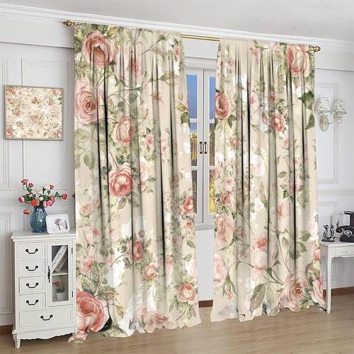 2d flat 2d flat 2pcs set elegant pink white rose floral blackout curtains vintage bohemian blocking curtains made of polyester peach colored light beige fabric with pleated top washable for living room and bedroom