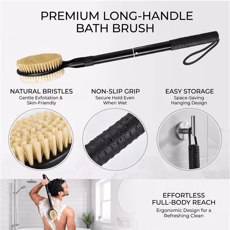 back scrubber with soft and stiff bristles 17 25 long handle dual sided shower brush for body for deep cleaning premium dual sided dry brushing body brush natural bristle exfoliator with long handle bath brush for men women Product details 1