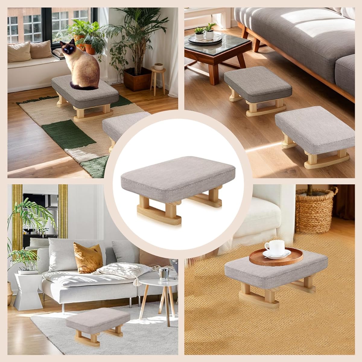 Image of Fabric Upholstered Stool High Density 2 T-shaped Support Legs 150kg Sturdy Footrest For Bedroom Living Room Entryway Daily Rest