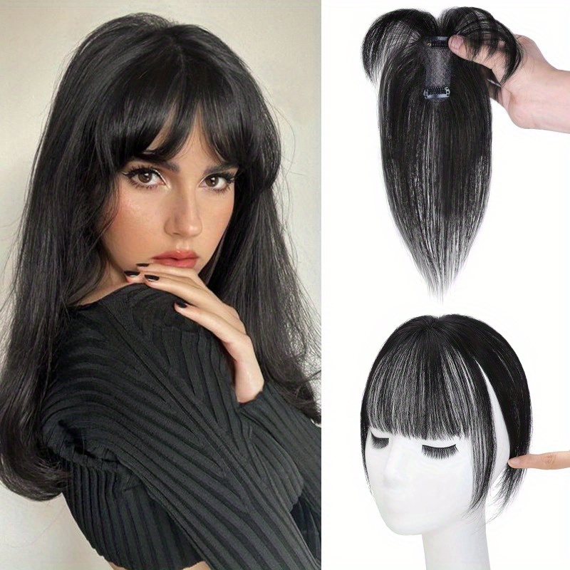 1pc human hair t shaped wig block cover with french bangs straight hair hair topper for women men real human hair easy to tidy match styles elegant     hair wig versatile hairstyle enhancer   cap details 1