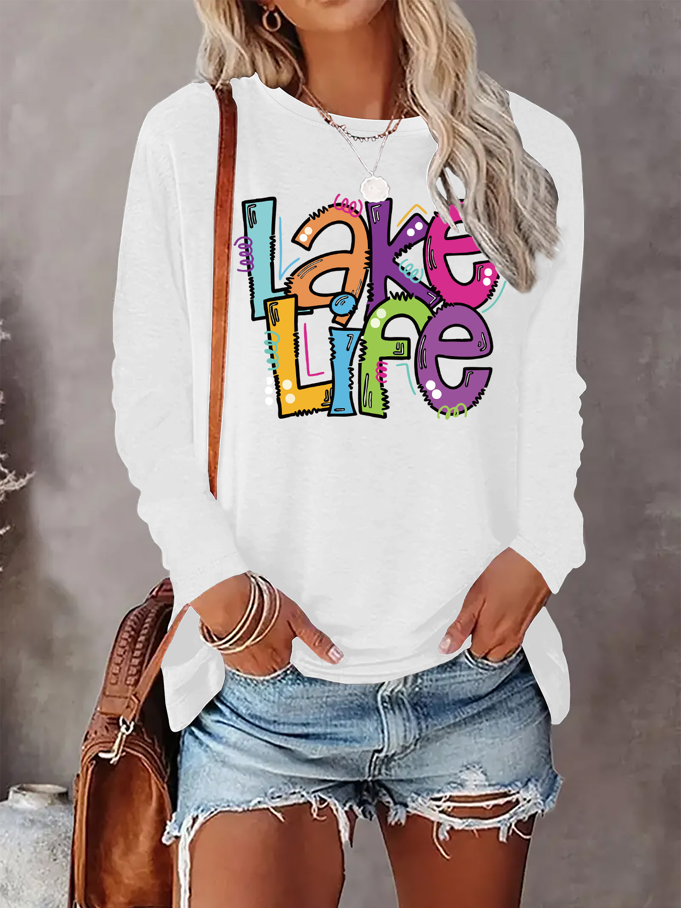 womens casual long sleeve t shirt with   graphic design white crew neck     attire graphic tee  