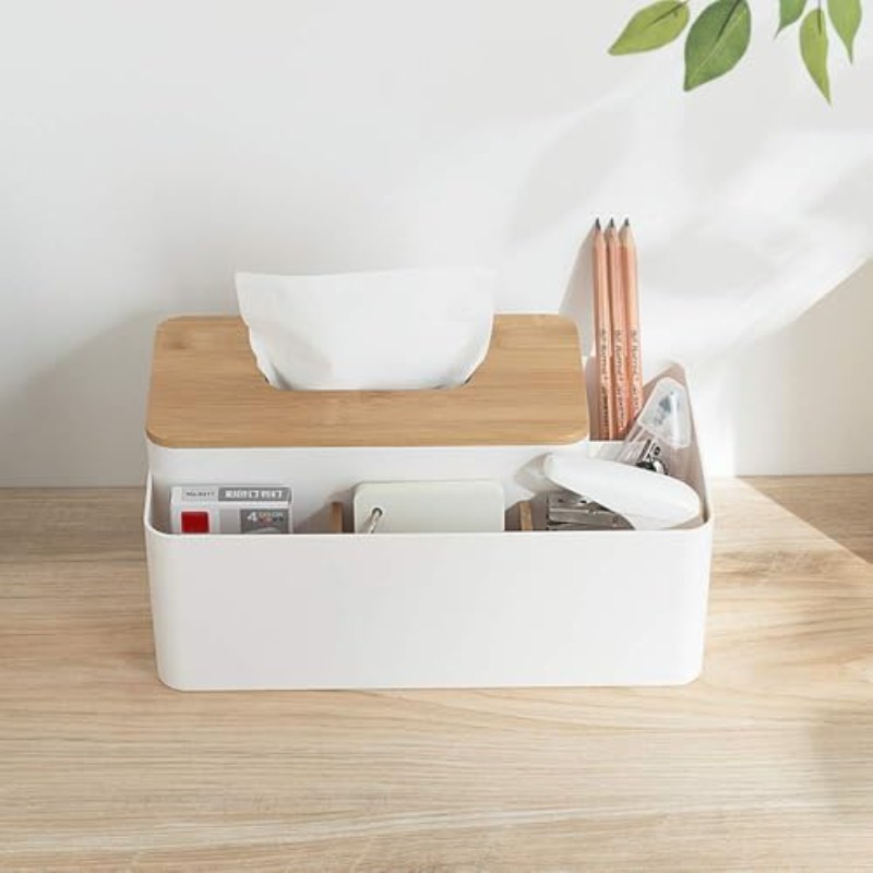 modern white &   tissue box organizer with bamboo lid - multifunctional rectangular storage dispenser with 5 compartments, durable ps & bamboo construction for home, office, dresser - space-saving tissue holder with   & open shelf design, easy- , compact organizer for tissues, pens, remotes, phones, and more, tissue box with storage, craft tissue box, modern tissue box holder, tissue box holder with storage, resin tissue box holder Product details 1